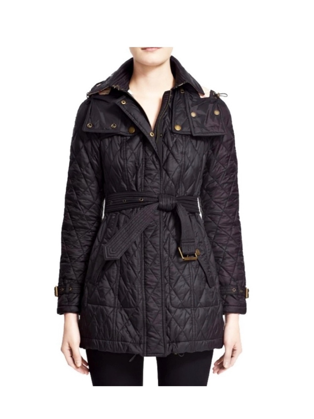 BURBERRY Finsbridge Black Belted Quilted Jacket W Detachable Hood Size L
